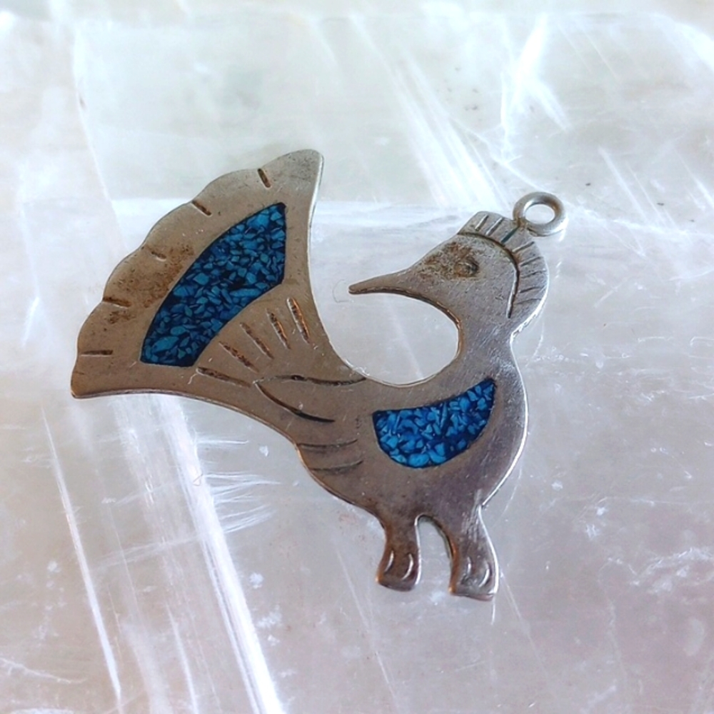 VINTAGE PHOENIX BIRD INLAID TURQUOISE ALPACA MEXICO 1.25" TALL PENDANT